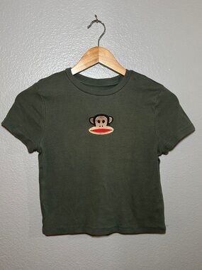 Y2K Paul Frank "Julius" Embroidered Baby Tee Olive Green